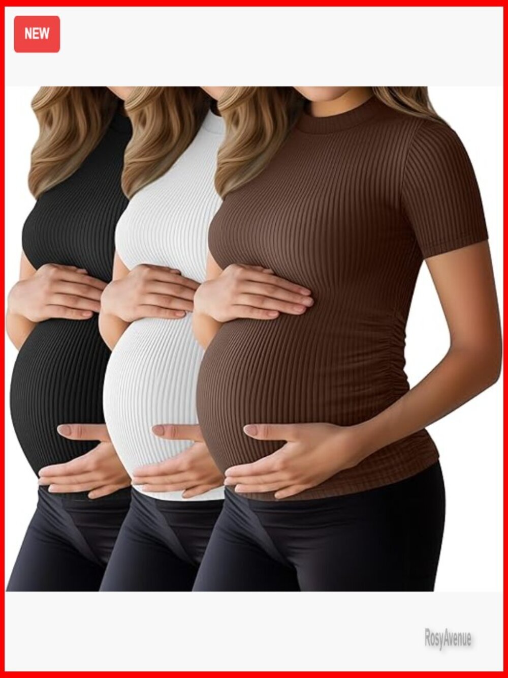3 Pack Maternity T-Shirts Mock Turtleneck Ribbed Slim Fit Short Sleeve
